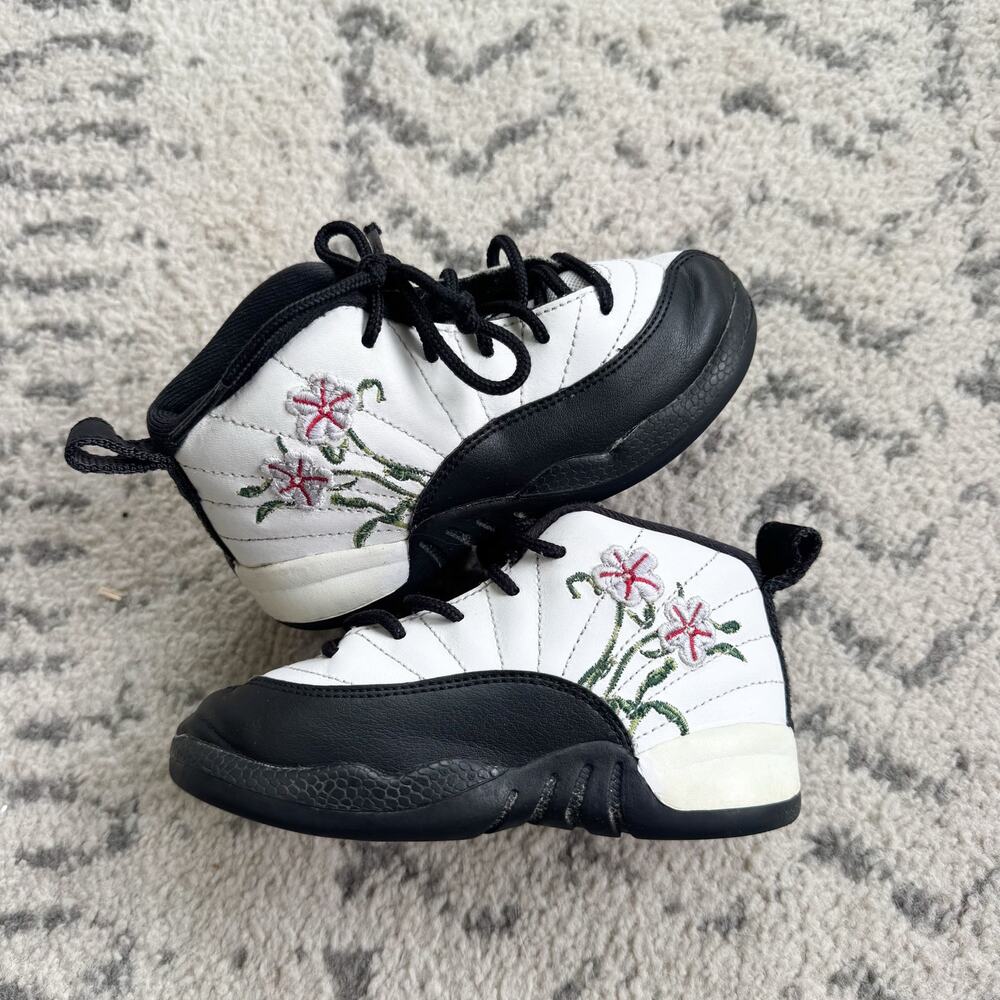 Nike Air Jordan 12 Retro TD 'Floral'  DR6955-100 Toddler Size 9C Black White